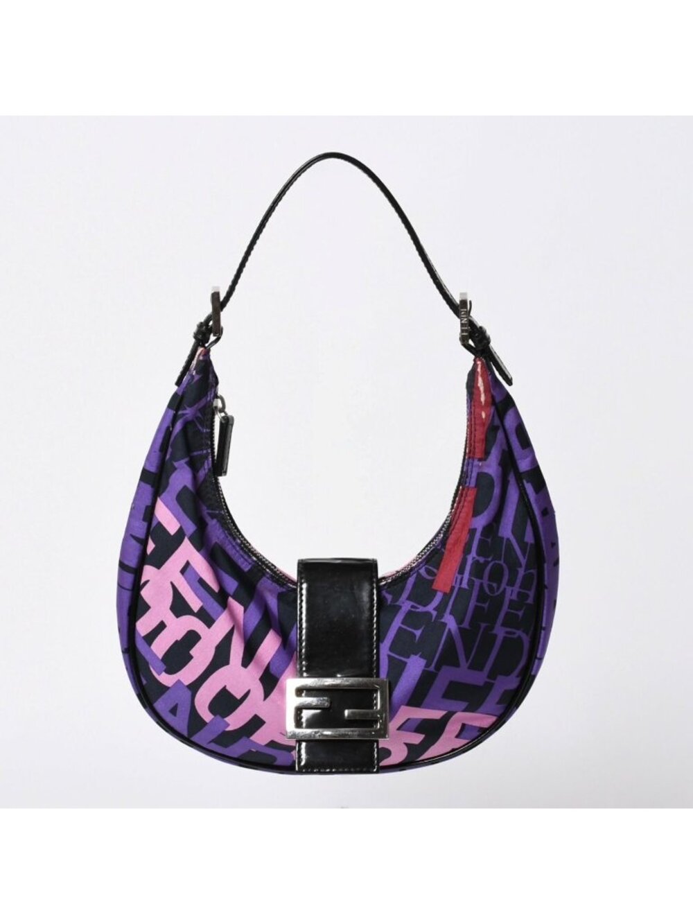 Fendi Typography Print Half Moon Hobo Croissant Purple Pink Silver